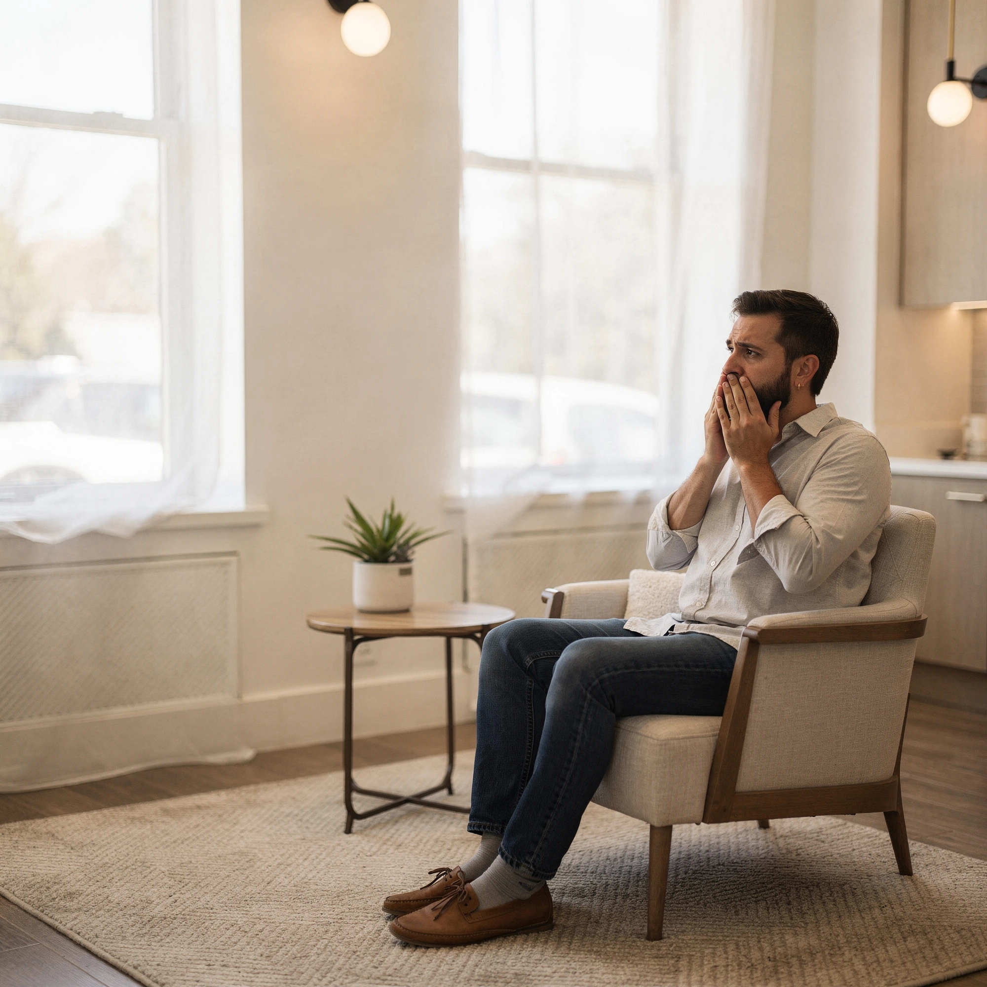 Man holding his cheek in pain while sitting in a bright, modern waiting room